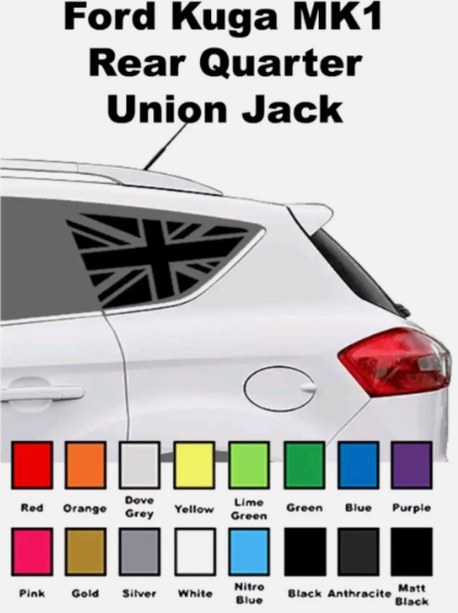 Ford Kuga MK1 Union Jack Rear Window/Body Decal Sticker Pair – Gloss Finish Car Styling Accessory