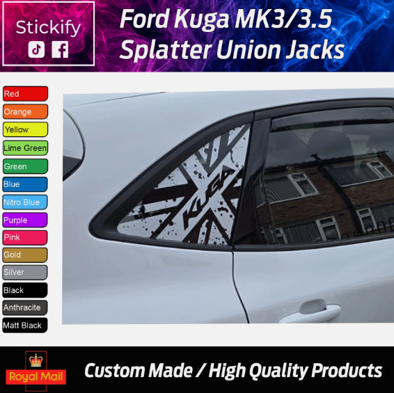 Ford Kuga MK3 / MK3.5 Union Jack Splatter Effect Vinyl Decals – Glossy Exterior Car Stickers (Pair)