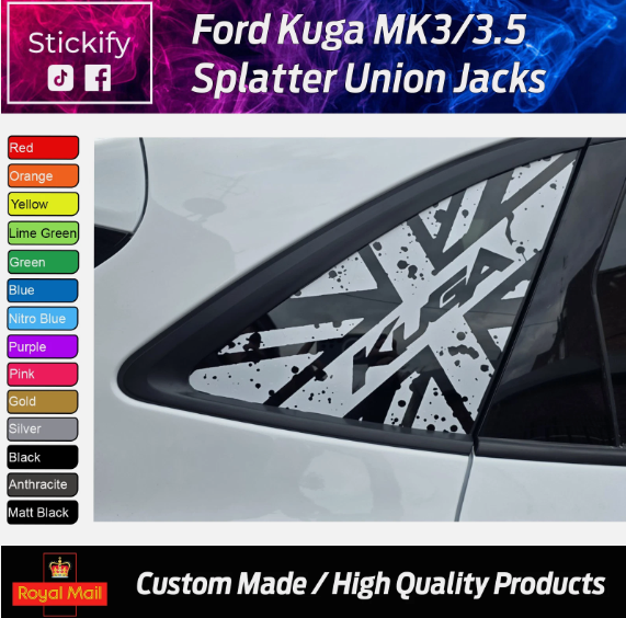 Ford Kuga MK3 / MK3.5 Union Jack Splatter Effect Vinyl Decals – Glossy Exterior Car Stickers (Pair)