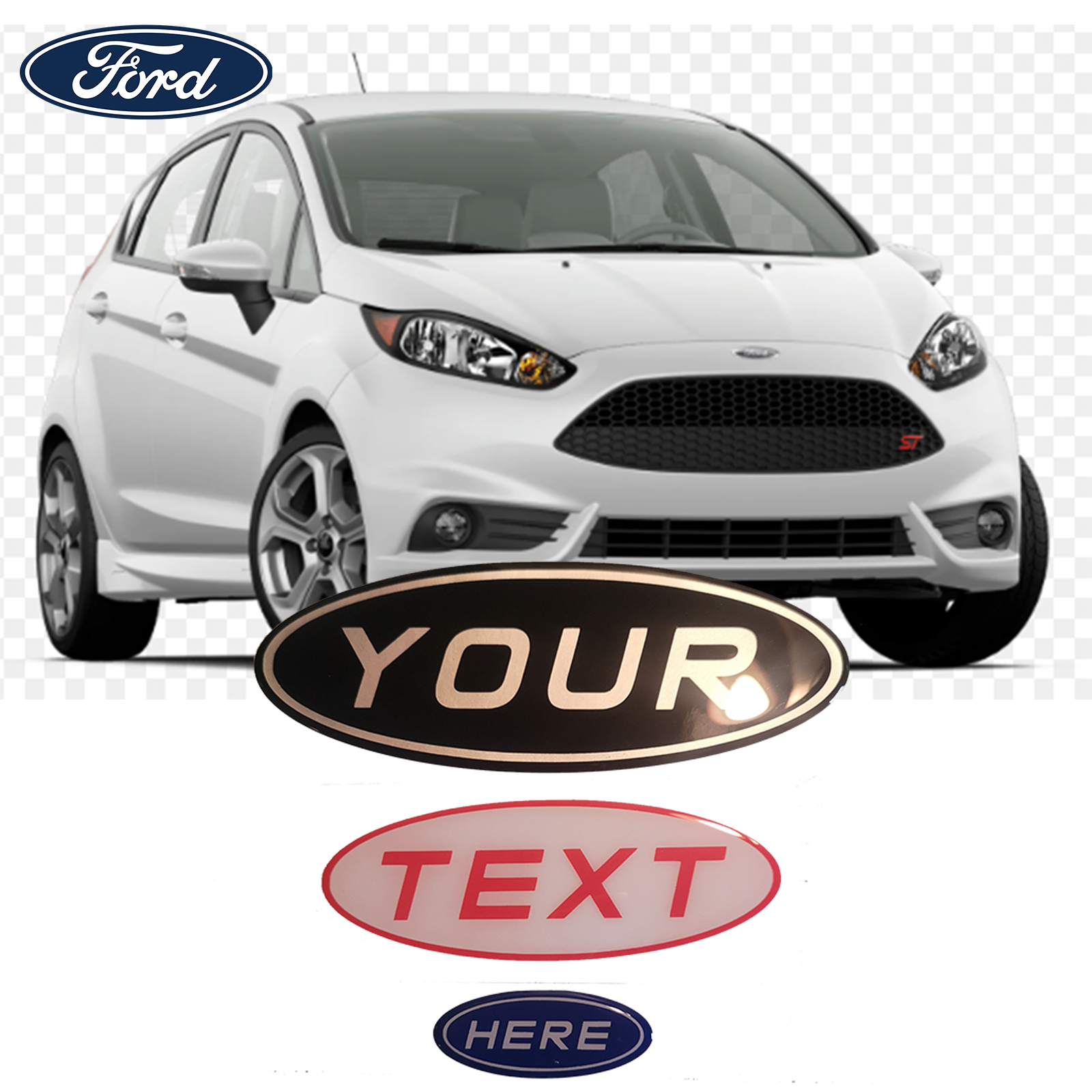 Ford Fiesta MK7 Facelift Custom 3D Gel Badge Overlay Set – Front, Rear & Steering Wheel Emblems
