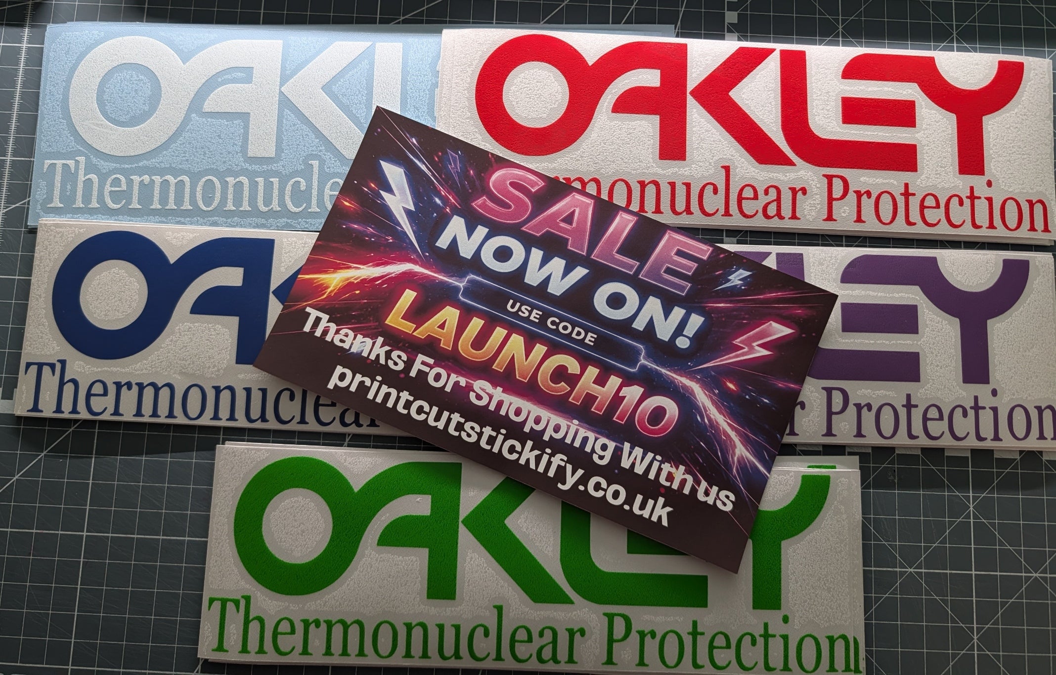 vintage 1980's Oakly Thermonuclear Protection Vinyl cut sticker 25 x 7.5cm